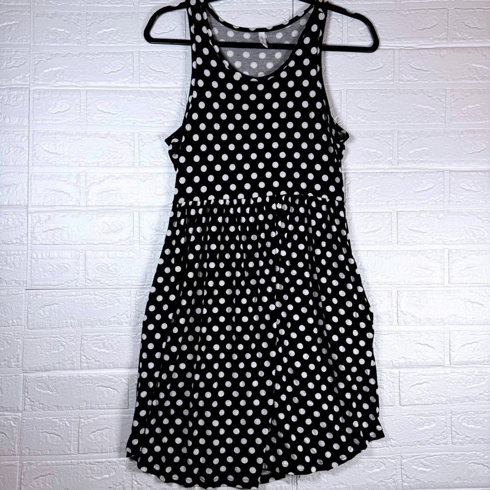 Old Navy Tank Dress Womens Medium Black White Polka Dot Empire Waist Pockets